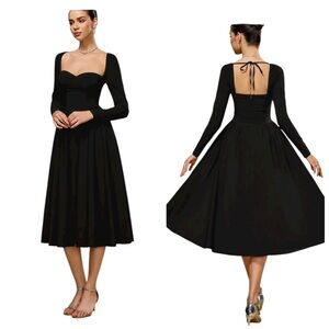 Mathea Elegant Classy Black Maxi Flare Long Sleeve Tie Back Dress Medium